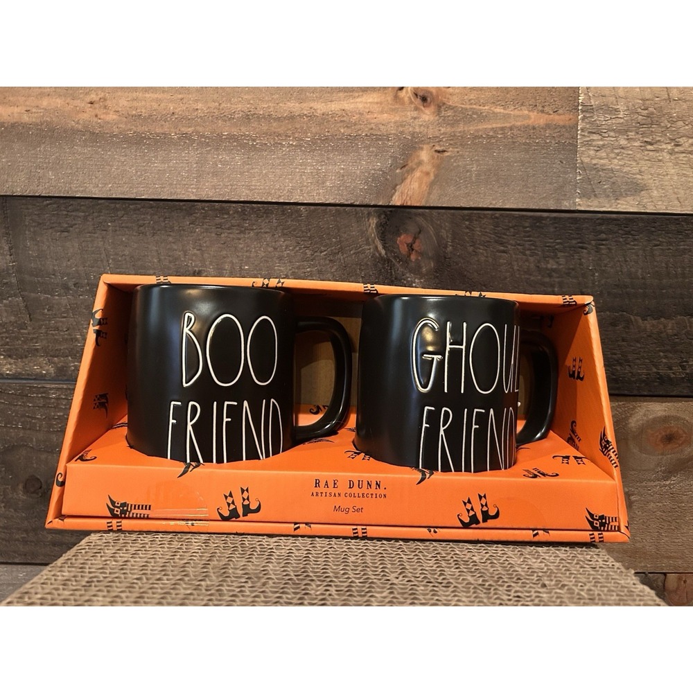 Rae Dunn 2021 Black Halloween Mug "GHOUL FRIEND" BOO FRIEND Boxed Set New